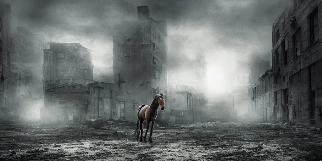 Prompt: horse standing alone in an abandoned courtyard of a destroyed city, moody atmosphere, fog, sunset, cinematic, style of Steven Spielberg, wide angle lens, artstation trending, highly detailed,