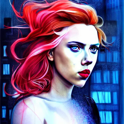 Image similar to pretty scarlett johansson black widow, symmetrical eyes, long red hair, half body, city rooftop by agnes cecile moebius bilal, very luminous design, light pastel colours, ink drips, autumn lights