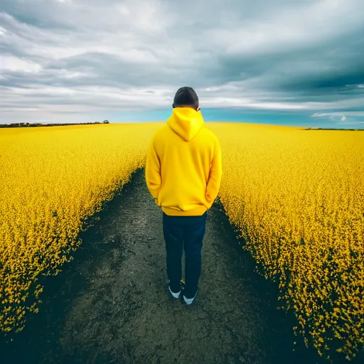 Image similar to an extreme wide shot of a man standing in a yellow field wearing a neon salmon hoodie