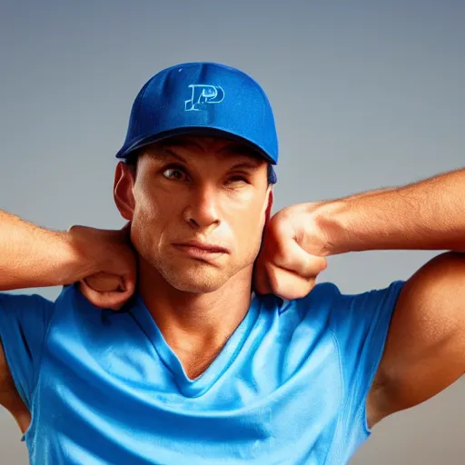Prompt: heroic pose of an athletic man wearing a blue cap with a P on it