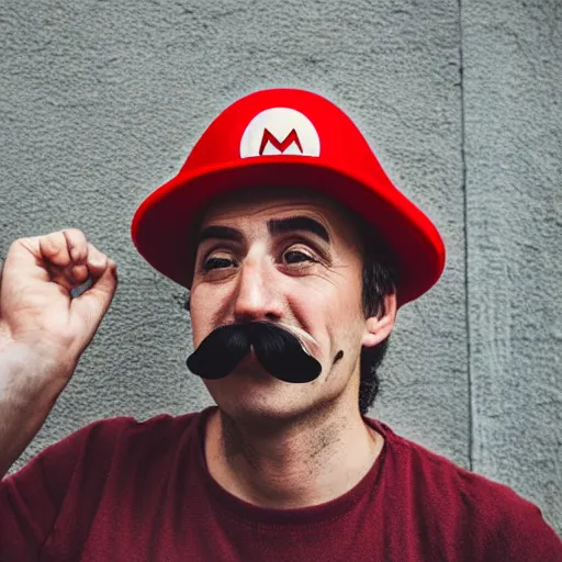 Image similar to an Italian man with a mustache dressed as Mario wearing a solid red Mario hat drooling, eyes rolled back, excited about a Magic Mushroom he just found 50mm lens, f1.8.