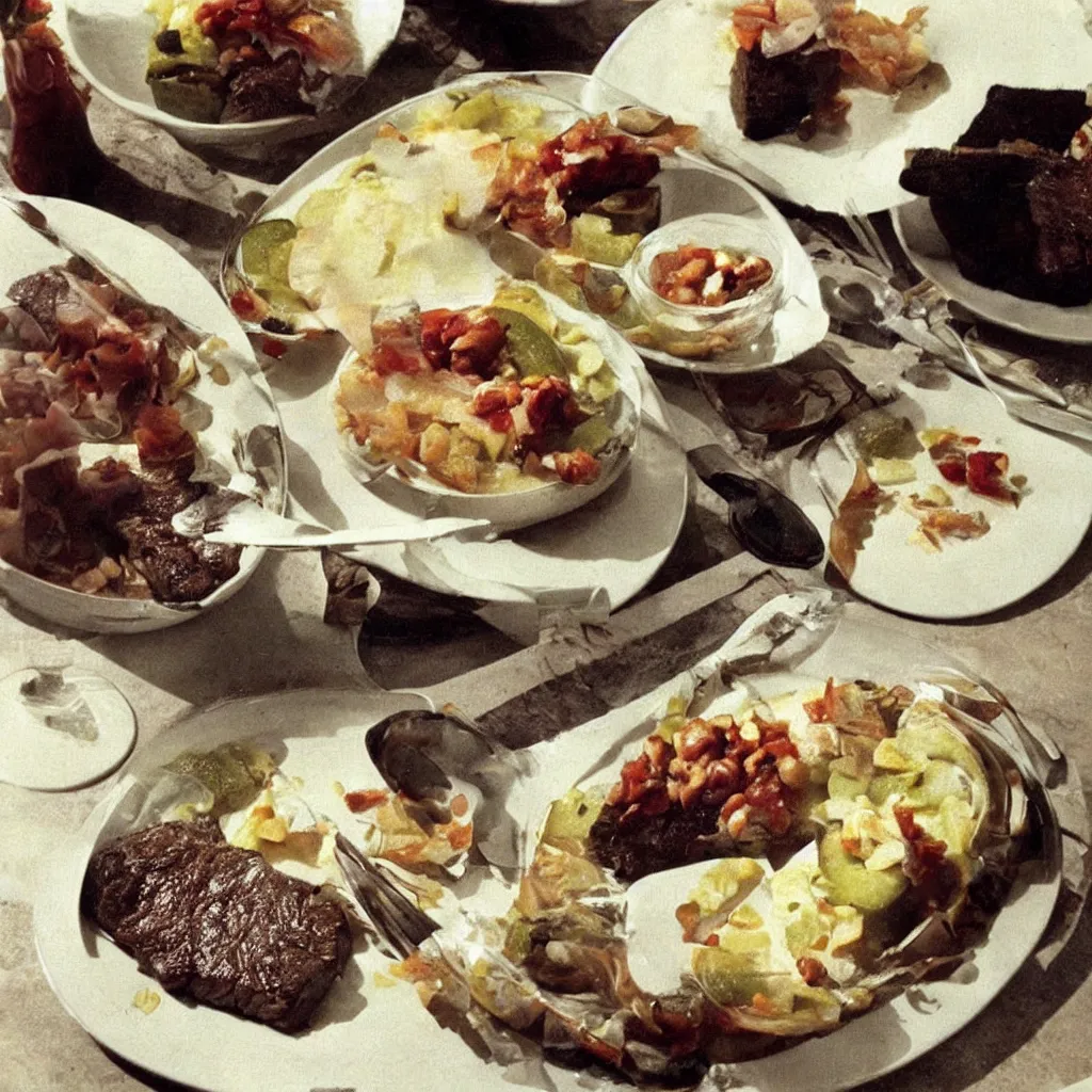 Image similar to a dreamy photo of a beef and pickle dessert, 1976