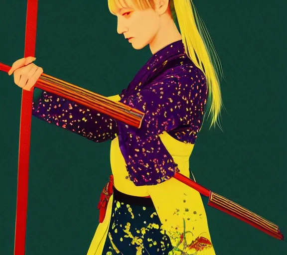 Image similar to breathtaking detailed pattern pastel colors, cinematic action scene from kill bill, with uma thurman in yellow kimono, swinging katana sword by hsiao - ron cheng and tarantino, exquisite detail, enhanced eye detail