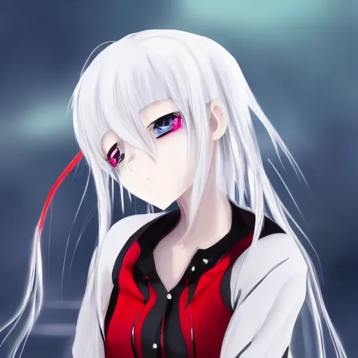 Image similar to white hair, red eyes, two small horn on the head, anime style, anime girl