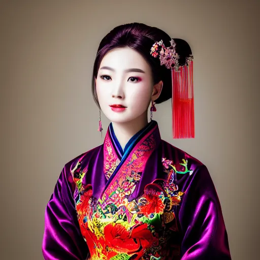 Prompt: photo portrait of chinese beauty in traditional costume, colorful, sharpen, 4k, 85mm, award winning