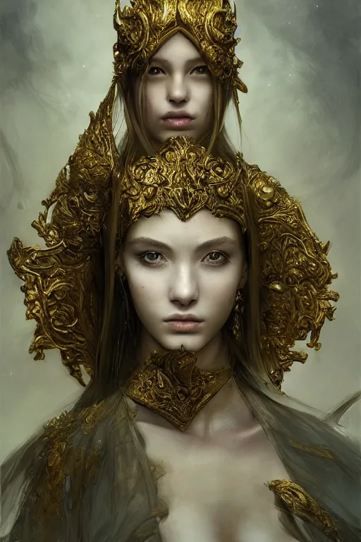 Prompt: portrait of a beautiful 20-year-old woman by Mario Testino, Dark Souls 3 themed, in style of Ruan Jia, insanely detailed and intricate, golden ratio, elegant, ornate, luxury, elite, matte painting, cinematic, cgsociety, James jean, Brian froud, ross tran, Laputa