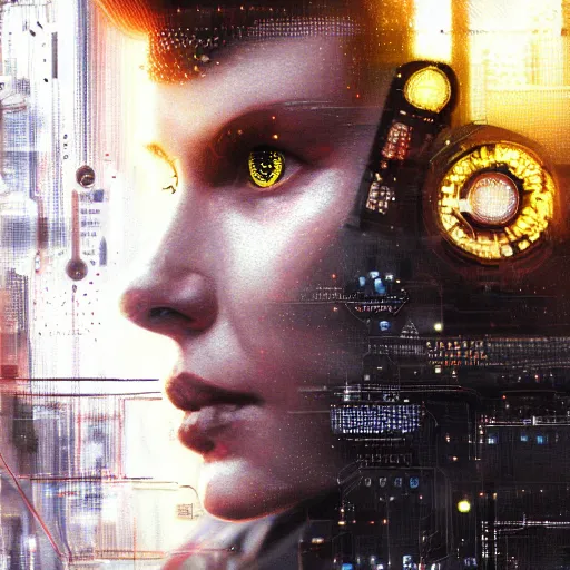 Image similar to a face covered in computer circuits, scifi, bladerunner, cyberpunk, heavy ink, yellow, very detailed eyes, 8 k resolution, by wlop, greg rutkowski