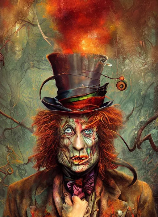 Prompt: mad hatter, call of cthulhu, highly detailed, cinematic, 8 k, by megan duncanson, benjamin lacombe, adrian borda, stanley artgermm, tom bagshaw, craig mullins, carne griffiths, ayami kojima, beksinski, giger, trending on deviantart, hyper detailed, horror, full of colour