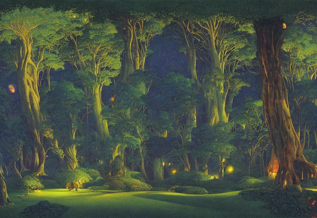 Prompt: Lothlorien at night, very dark with green, blue and purple lights, elven forest town with houses in the trees, as painted by Maxfield Parrish, Roger Dean