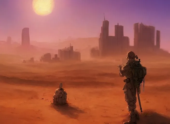 Prompt: matte painting, background studio ghibli, soldier roaming through desert with city in the skyline, two suns, purple orange colors, sharp focus, illustration, highly detailed, digital painting, concept art, matte, art by wlop and artgerm and greg rutkowski, masterpiece