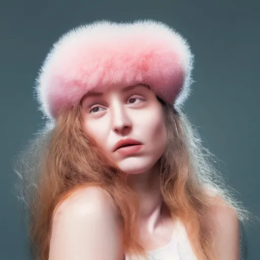 Prompt: photorealistic portrait of cute female model, fluffy soft pink and white cotton balls floating around in air, natural lighting, blurry background, 8 5 mm lens, by annie leibovitz