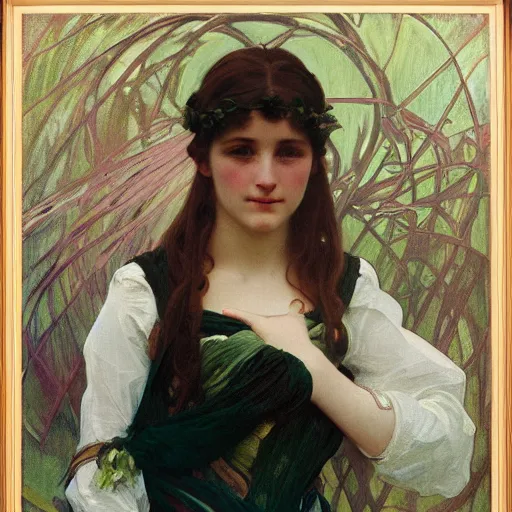 Image similar to a beautiful painting of a young girl in the scottish highlands, underexposed and overcast, by alphonse mucha, john sargent, and octane.