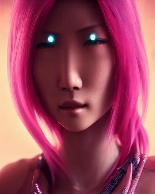 Image similar to portrait of a beautiful asian woman with pink hair as a cyberpunk cyborg half robot, sci - fi, missing panels, intricate abstract upper body intricate artwork, concept art, octane render, deviantart, cinematic, key art, hyperrealism, iridescent accents, portrait photograph, nikon 3 5 mm, photograph by greg rutkowski