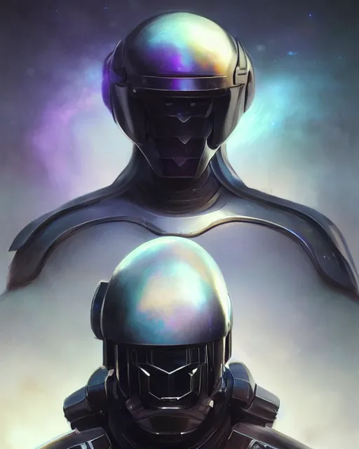 Image similar to iridescent sinewy smooth muscular male sleek glossy black pearlescent scifi armor with smooth black featureless helmet, by greg rutkowski, jim burns, tom bagshaw, magali villeneuve, trending on artstation