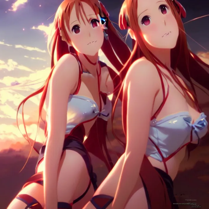 Image similar to beautifu photo of asuna from sao, asuna by a - 1 pictures, by greg rutkowski, gil elvgren, enoch bolles, glossy skin, pearlescent, anime, maxim magazine, very coherent