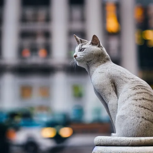 Prompt: a marble statue depicting a cat stands in the middle of new york, bokeh