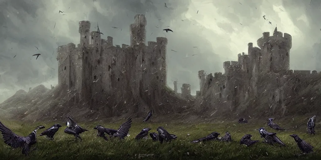 Image similar to A group of Ravens sit around a fallen solider, a medieval castle in the distance, dark fantasy, stormy sky, lightning, digital art by Greg Rutkowski and Studio Ghibli