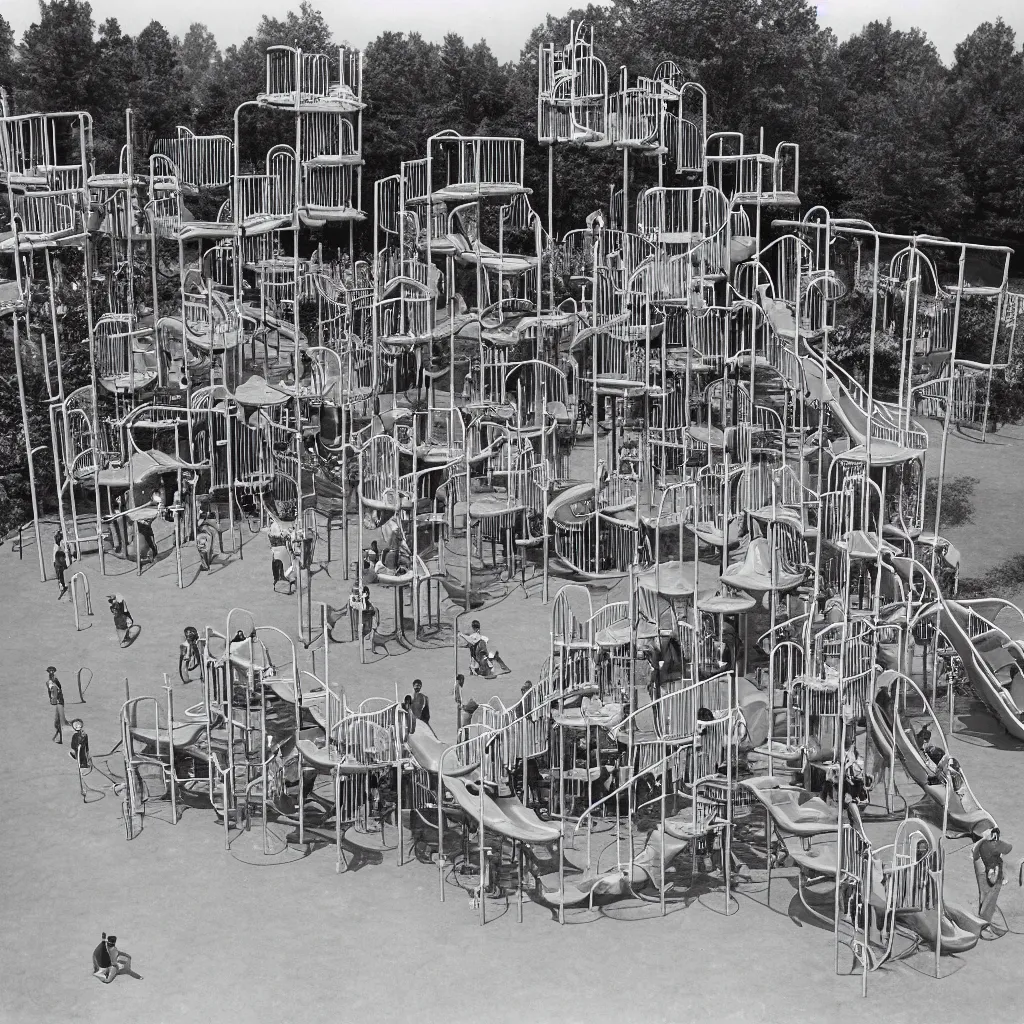 Prompt: 1 9 7 0 s photo of a vast incredibly - large complex tall many - level playground in a crowded schoolyard. the playground is made of wooden planks, rubber tires, metal bars, and ropes. it has many spiral staircases, high bridges, ramps, balance beams, and metal tunnel - slides. highly - detailed high - resolution photograph.