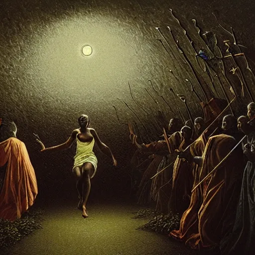 Prompt: the black woman chased her dreams through a field of razor blades, a hyperrealistic high renaissance painting by gustave dore, radiant lighting, moon light.