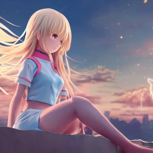 Image similar to a giant very beautiful anime girl, full body, long wavy blond hair, sky blue eyes, full round face, short smile, cute top, miniskirt, sitting on a miniature city, cinematic lightning, medium shot, mid-shot, highly detailed, trending on Artstation, Unreal Engine 4k, cinematic wallpaper by Stanley Artgerm Lau, WLOP, Rossdraws, James Jean, Andrei Riabovitchev, Marc Simonetti, and Sakimichan