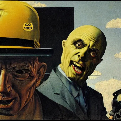 Image similar to lemon headed man with hard black eyes very relaxed, rule of thirds, super sharp, 4 k, ultra detailed, norman rockwell, richard corben, epic scope.