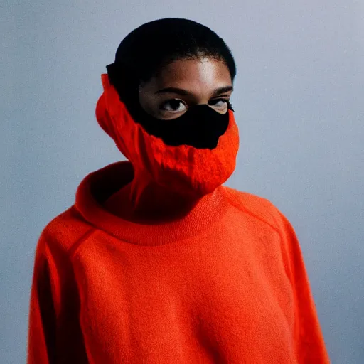 Image similar to realistic photoshooting for a new balenciaga lookbook, color film photography, portrait of a beautiful woman, model is wearing a balaclava mask, in style of tyler mitchell, 3 5 mm,