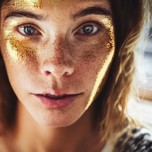 Image similar to a candid portrait of a brunette female, young, athletic, australian, pixellated face, wearing a gold tshirt in a kitchen, closeup