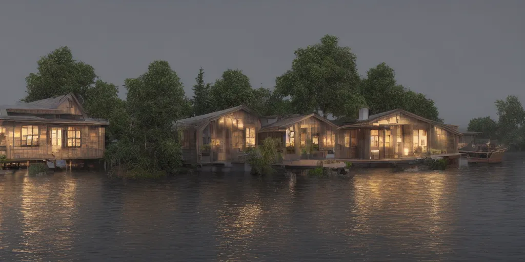 Prompt: photorealistic wide shot of a beautiful house that floats on the water in the moonlight, octane render, unreal engine 4k, volumetric light, fog, detailed