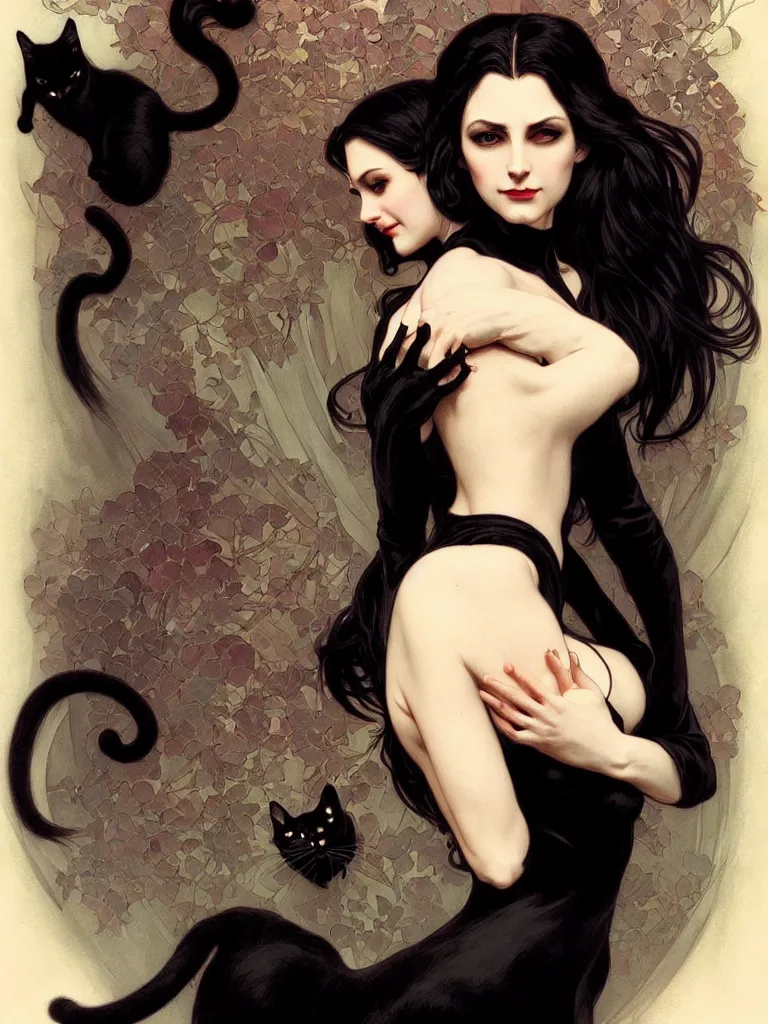 Image similar to an elegant single victorian vampire holding lovingly a black cat on her arms, portrait, intricate, elegant, highly detailed, digital painting, artstation, concept art, rough, sharp focus, illustration, art by artgerm and greg rutkowski and alphonse mucha and cris ortega and serge birault