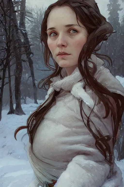 Image similar to portrait of a pale and sad pregnant woman in the besieged Leningrad in winter, digital painting, artstation, concept art, smooth, sharp focus, illustration, art by artgerm and greg rutkowski and alphonse mucha