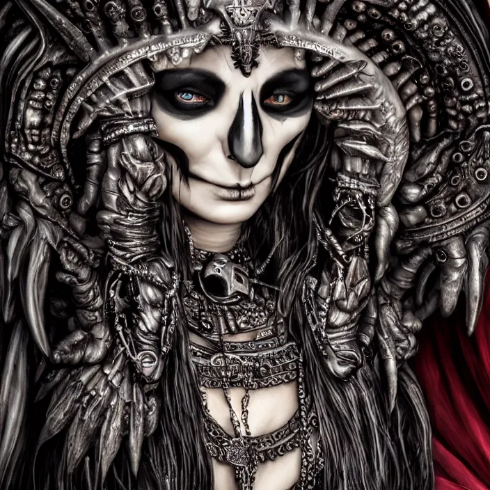 Image similar to candid photography, close up portrait, goddess of death, by anne stokes, photorealism, highly detailed, uhd