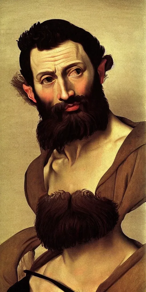 Prompt: midle-aged gigachad with thick eyebrows, short brown hair and short beard, very detailed, smooth, realistic, painted by Caravaggio, painted by Buguereau