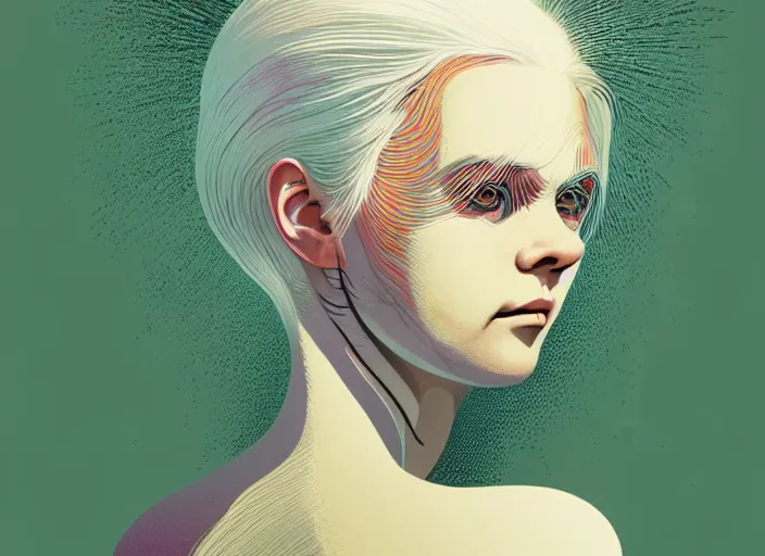 Prompt: portrait of a young girl with white hair colorful, illustration by Mads Berg and Karolis Strautniekas,small finely stippled light, dramatic lighting,fine texutre, editorial illustration, detailed,katsuhiro otomo, dynamic composition,moody, cinematic, film grain,manga, gradients, smooth