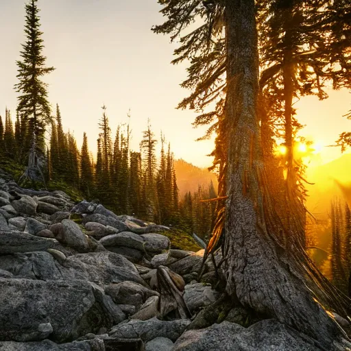 Image similar to Sasquatch tea bags an unfortunate backpacker in the Cascades, sunset, photorealistic 8K HDRI.