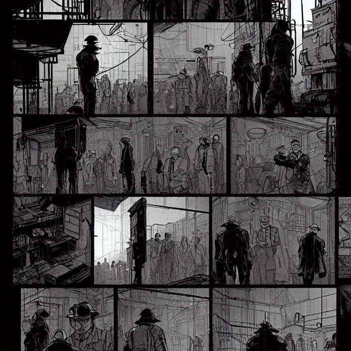 Prompt: a long queue to a big box / booth. sadie sink as a miner in the queue. storyboard, scifi cyberpunk. by gabriel hardman, joe alves, chris bonura. cinematic atmosphere, detailed and intricate, perfect anatomy