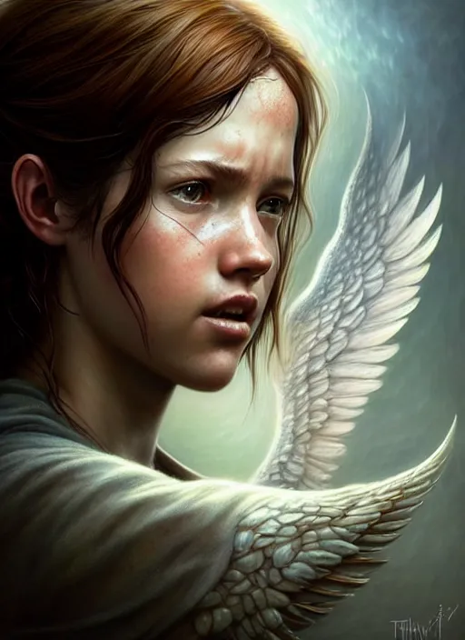Image similar to ellie from last of us 2 as an angel, fine art, intricate, elegant, highly detailed, realistic hair, centered, digital painting, art station, conceptual art, soft, sharp focus, illustration, artwork, artgerm, tomasz alen kopera, peter mohrbacher, donato giancola, wlop, boris vallejo