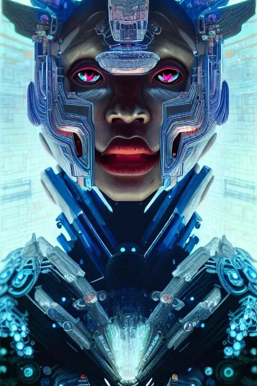 Image similar to asura from chinese myth, ghost, gorgeous and huge head ornaments, dystopian, cyberpunk, organic fractal mycelum and fungi, mecha, halfturn portrait of a big crystal face made of crystals half - turn, ominous, intricate, studio, art by anthony macbain + greg rutkowski + alphonse mucha, concept art, 4 k, sharp focus