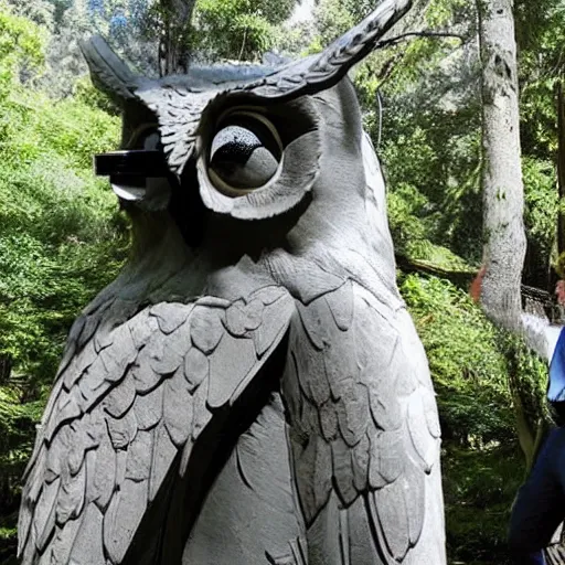 Image similar to alex jones at the bohemian grove. giant owl statue.