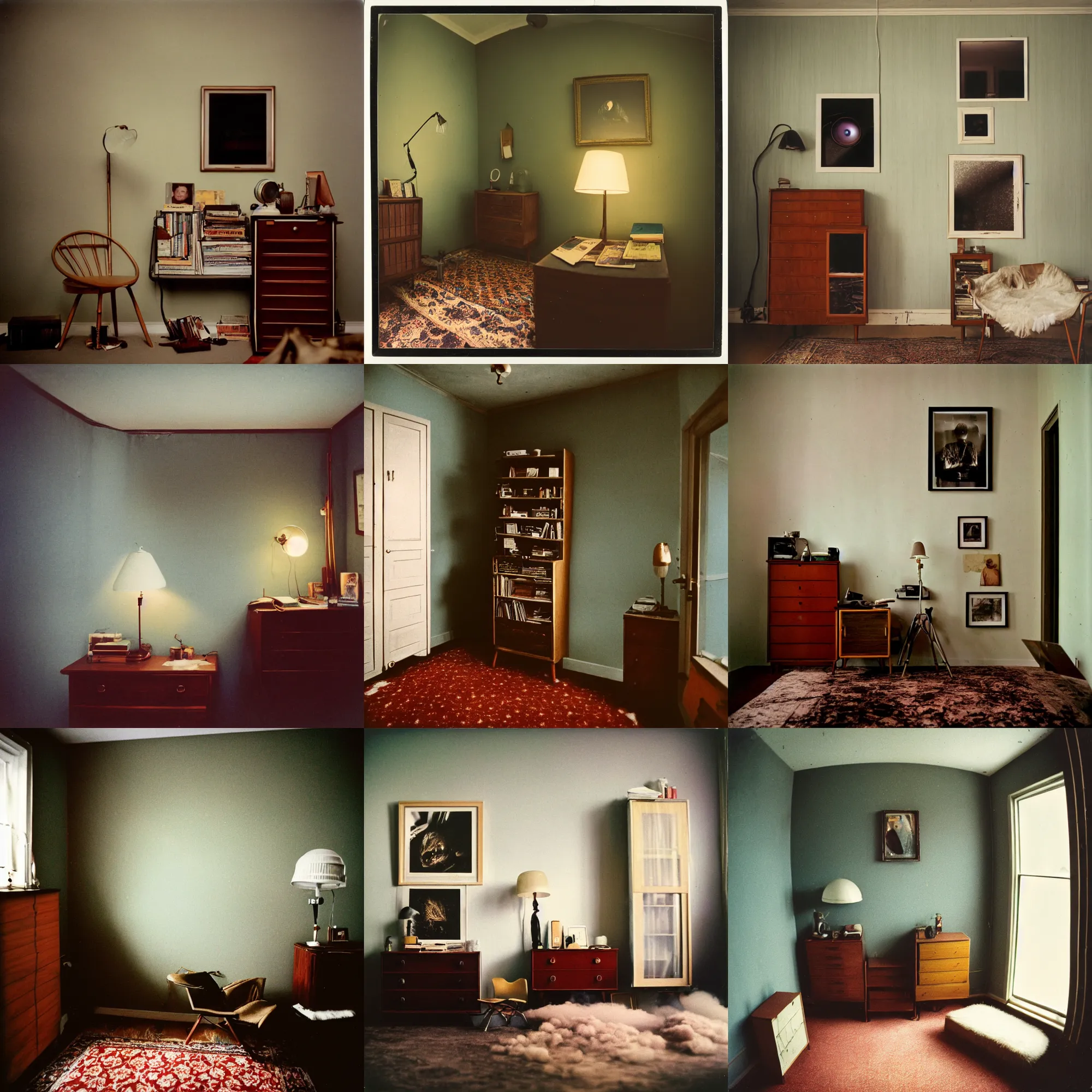 Image similar to kodak portra 4 0 0, wetplate, 8 mm extreme fisheye, award - winning portrait by britt marling of a 1 9 6 0 s room, picture frames, shining lamps, dust, smoke, 1 9 6 0 s furniture, wallpaper, carpet, books, muted colours, wood, fog,