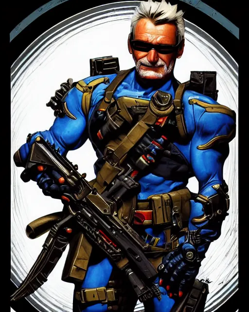 Image similar to soldier 7 6 from overwatch, heavey metal magazine cover, character portrait, portrait, close up, concept art, intricate details, highly detailed, in the style of frank frazetta, esteban maroto, richard corben, pepe moreno, matt howarth, stefano tamburini, tanino liberatore, luis royo and alex ebel