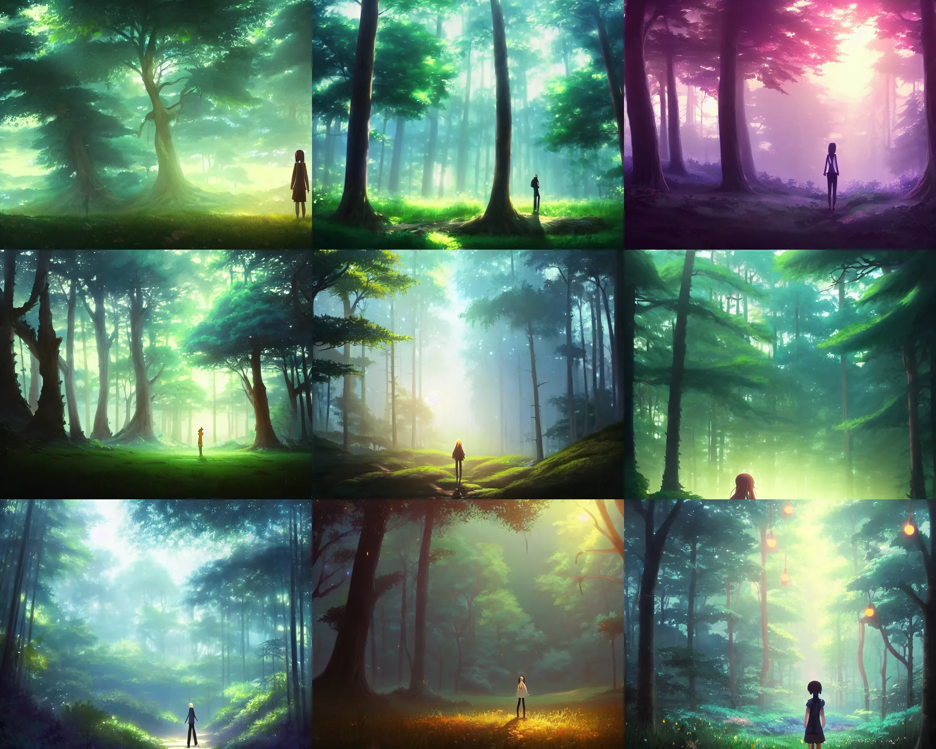 Prompt: a painting of a person standing in the middle of a forest, a matte painting by makoto shinkai, pixiv contest winner, breathtaking lights, fantasy art, anime aesthetic, anime, fantasy