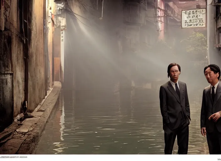Image similar to a very high resolution image from a new movie, two deer head man in suits, in a narrow chinese alley, surrounded by water vapor, beatiful backgrounds, dramatic lighting, directed by wes anderson