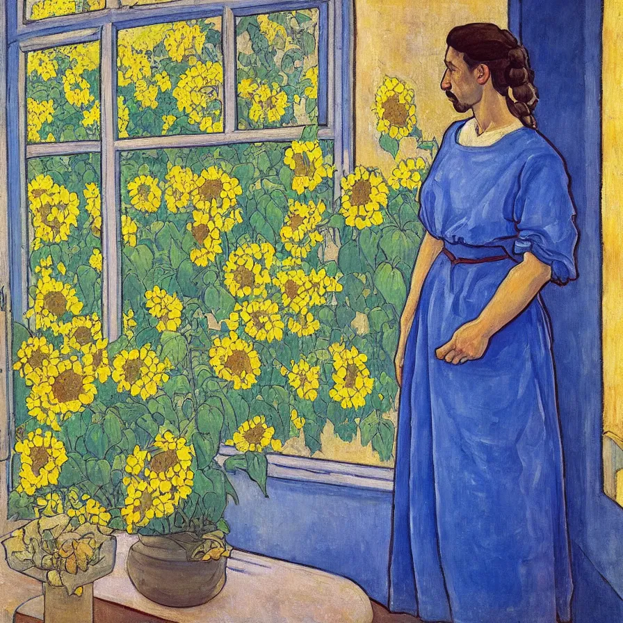 Image similar to a painting in the style of ferdinand hodler, a man looks through the window of an old house and sees a woman in a blue dress surrounded by sun flowers