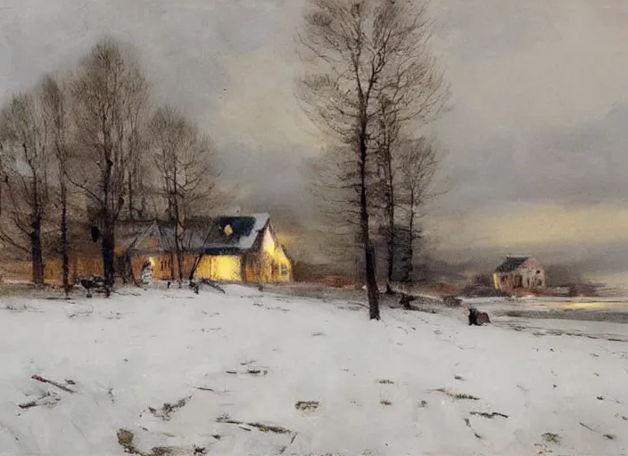 Image similar to oil painting of swedish house in snow landscape, by anders zorn, by greg rutkowski