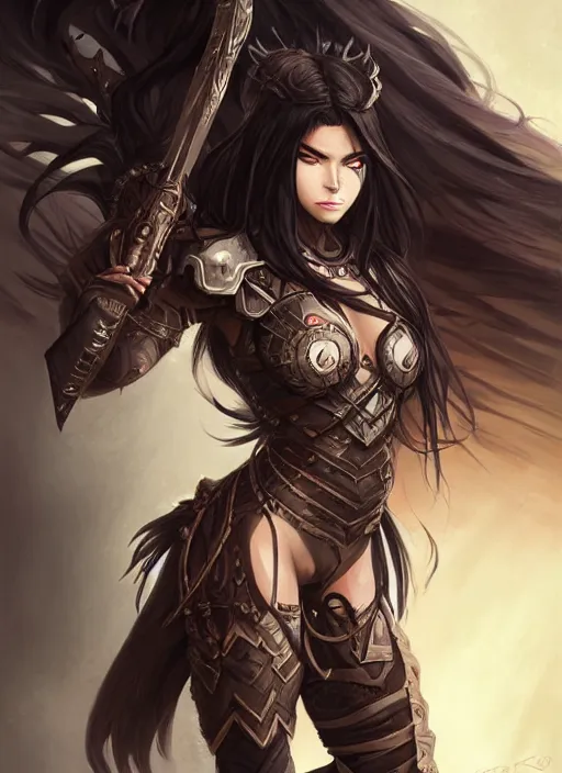 Image similar to beautiful warrior lady, black long hair, practical armor, brown skin, demonic eyes, low fantasy, extremely detailed, sharp focus, smooth, digital illustration, by rossdraws, frank franzzeta, sakimichan