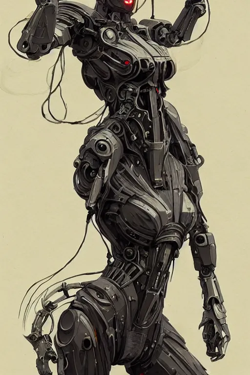 Image similar to very symmetrical!! full body illustrations of mecha, pen and ink, moderately detailed, by james gurney, by greg rutkowski, concept art, cyberpunk witch woman, cable tentacle, corset, artstation, deviantart, pinterest, unreal engine