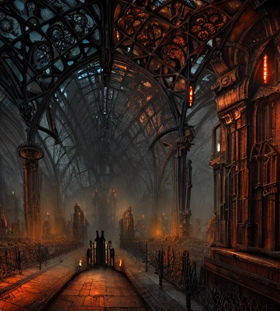 Image similar to steam necropolis, memento mori, gothic, neo - gothic, art nouveau, hyperdetailed copper patina medieval icon, stefan morrell, philippe druillet, ralph mcquarrie, concept art, steampunk, unreal engine, detailed intricate environment, octane render, moody atmospherics, volumetric lighting, ultrasharp, ominous, otherworldly