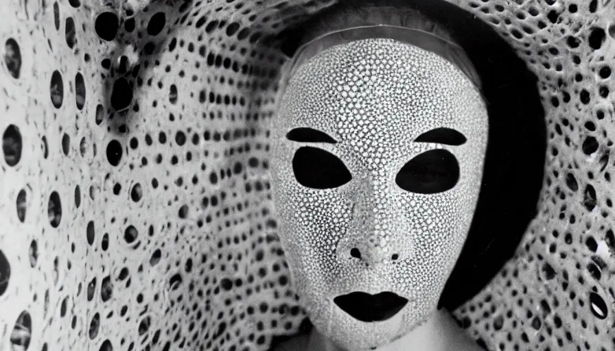 Image similar to 50s movie still close-up portrait of a white female japanese phantom with trypophobia mask in a liminal space style tunnel, early black and white 8mm, heavy grain, low quality,