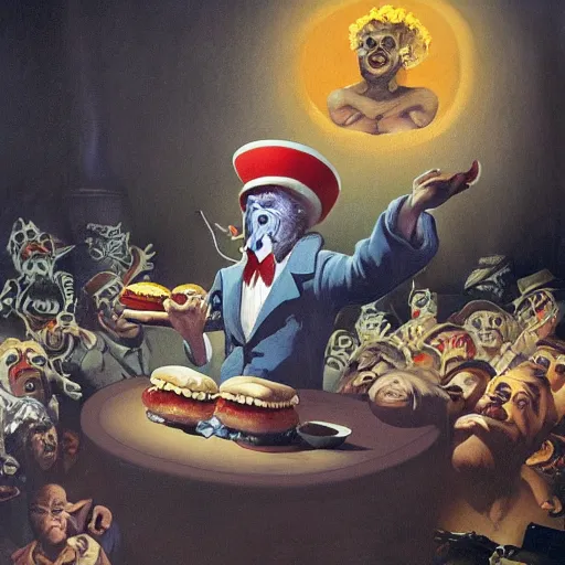 Prompt: surreal grotesque kitsch low-brow propaganda Uncle Sam emerging from deep shadows eating hamburgers, extra onions and ketchup, luscious patty with sesame seeds, figure in the darkness, serving big macs, french fry pattern ambience, holocaust background, Francisco Goya, painted by John Singer Sargant, Adrian Ghenie, style of Francis Bacon, highly detailed, 8k, trending on artstation