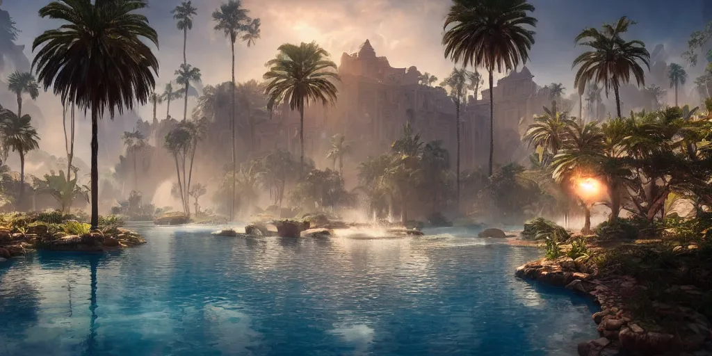 Image similar to beautiful oasis waterfalls surrounded by palm trees moroccan tile archways, date trees, ivory towers sunset peter morbacher ross tran angelarium greg rutkowski alchemy luxury heavenly light soft illumination, trending on artstation cinematic lighting digital painting octane render, artgerm